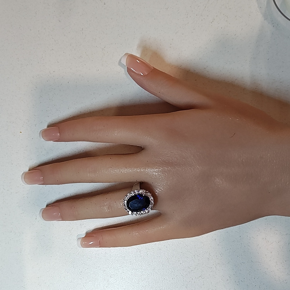 Sapphire & Diamond Silver (Faux) Fashion Cocktail Style Ring - Size 5 3/4 - Picture 7 of 8